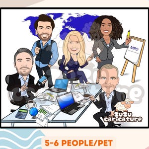 Caricatura personalizada de equipo financiero / Caricatura divertida de banquero / Regalo de oficina personalizado para profesionales financieros / 5-6 caras