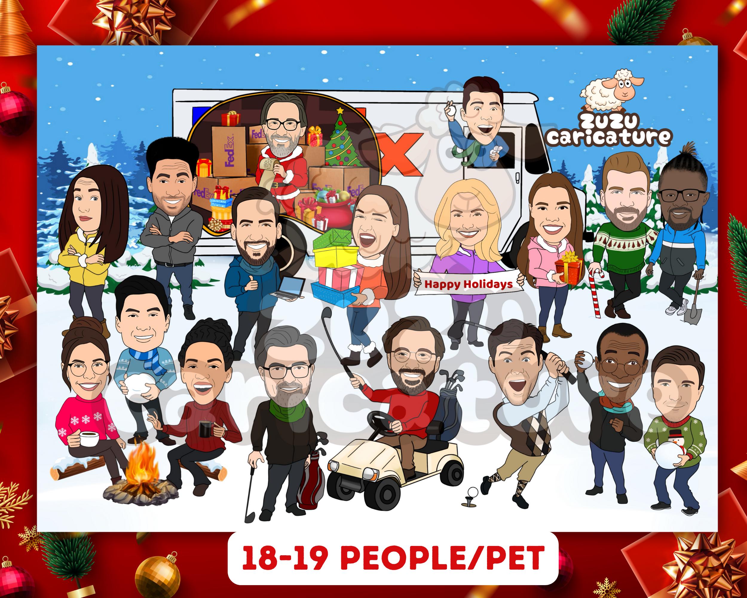 Delivery Team Christmas Card | Shipping Company Cartoon | Winter Holiday Greeting, Funny Winter Card for Logistics Workers | 18-19 faces