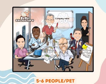Custom Corporate Team Portrait, Business Meeting Caricature, Office Staff Artwork, Funny CEO & Employee Gift for Workplace Decor | 5-6 faces