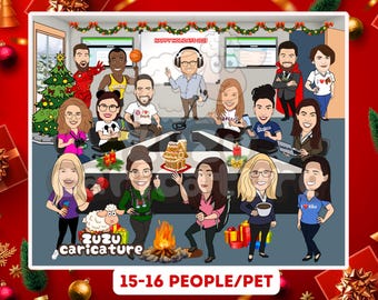 Office Holiday Party Cartoon, Funny Xmas Gift for Coworkers, Happy Holidays Illustration, Custom Christmas Celebration Drawing | 15-16 faces
