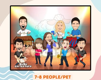 May include: A cartoon caricature of a band with 7 people and a sheep playing musical instruments. The band members are wearing colorful clothing and are smiling. The sheep is wearing a red hat and is playing a guitar. The text "zuzu caricature" is at the bottom of the image.