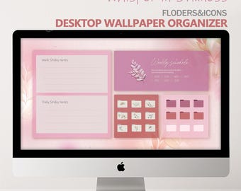 Pink Desktop Organizer Wallpaper with Matching Folder Icons | Minimalist Productivity Background for Mac & Windows | Digital Download