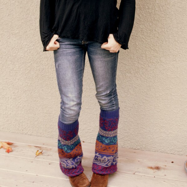 Upcycled Recycled Repurposed Sweater Leg Warmers Colorful Geometric Tribal Fall Winter Fashion