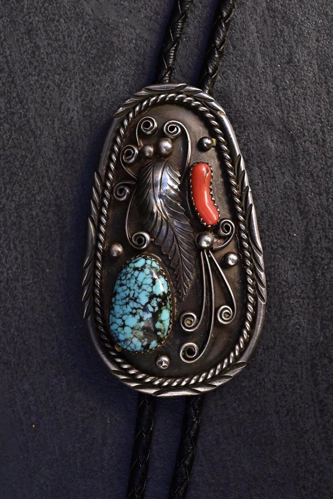 Vintage Navajo Sterling Silver Bolo Tie With Turquoise & Coral - Etsy