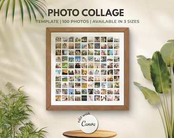 Könnte beinhalten: Ein gerahmtes Fotocollage mit 100 Fotos, in einem quadratischen Holzrahmen. Der Text "PHOTO COLLAGE" steht oben, darunter "TEMPLATE | 100 PHOTOS | AVAILABLE IN 3 SIZES". Das Bild hängt an einer Wand mit Pflanzen.