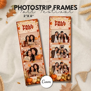 May include: Two vertical photostrip frames measuring 2 inches by 6 inches, featuring a Fall Festival theme with string lights, autumn leaves, and pumpkins. Each strip contains three photo slots showing people posing with signs and props.