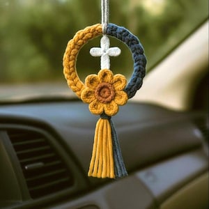 Crochet Flower Cross Car Hanging – Christian Boho Ornament, Handmade Faith Gift for Drivers Religious Gift