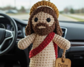 Szydełkowa zawieszka do samochodu z Jezusem – zawieszka na lusterko wsteczne z Jezusem, chrześcijańska ozdoba boho, prezent religijny dla kierowców