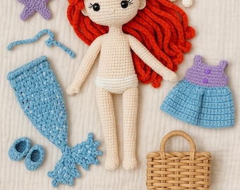 Zestaw lalek syrenka na szydełku, ręcznie robiona zabawka amigurumi do przebierania się z ubrankami, pluszowy prezent dla dzieci z czerwonymi włosami