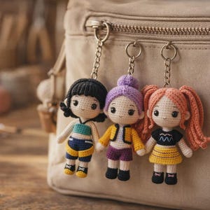 May include: Three handmade crochet doll keyrings with different hairstyles and outfits. The dolls have black, purple, and red hair, and wear colourful clothes. Each doll is attached to a silver keyring. The background is a beige bag.