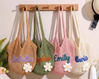 Spersonalizowana torba szydełkowa z własnym imieniem, biała, siateczkowa torba na ramię na lato, torba plażowa w stylu boho z kwiatem, spersonalizowany prezent dla niej