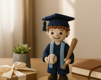 Customizable Graduation Crochet Doll with Sport Ball, Handmade Graduate Gift for Boys, Personalized Doll with Name Base