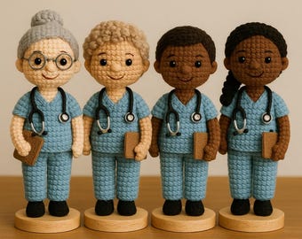 Lalka szydełkowa Pielęgniarka – ręcznie robiona pluszowa Amigurumi w stroju chirurga ze stetoskopem, prezent emerytalny dla pielęgniarki, przemyślana pamiątka urodzinowa