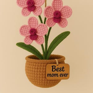 Könnte beinhalten: Ein handgefertigtes Häkelblumenarrangement in einem gewebten Topf. Die rosa Blüten haben dunkelrosa Zentren und grüne Blätter. Ein Holzschildchen trägt die Aufschrift "Best mom ever". Das Arrangement hängt an einer Naturfaserschnur.