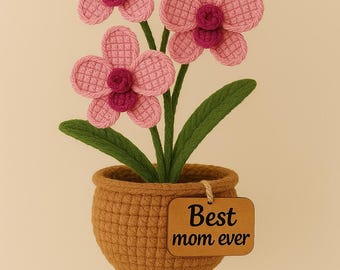 Hangmand amigurumi-orchidee, gehaakte bloempot voor moeder, gepersonaliseerd Moederdagcadeau, eeuwigdurend garen bloemen interieur
