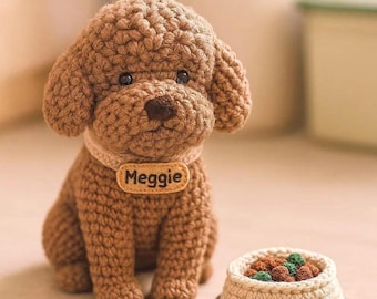 Spersonalizowany szydełkowy pies i kot z zabawkami, ręcznie robiony pluszowy szczeniak amigurumi, spersonalizowany prezent dla dzieci, prezent urodzinowy dla mamy psa