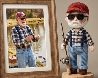 Gepersonaliseerde opa gehaakte pop viscadeau, aangepaste papa's hobby gehaakte pop, Vaderdagcadeau voor opa, handgemaakte herinnering aandenken