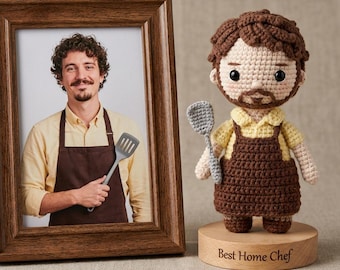 Gepersonaliseerde lookalike gehaakte pop cadeau voor papa chef-kok, op maat gemaakt handgemaakt beeldje vaderdagcadeau, grappig cadeau papa, beste thuiskokpop
