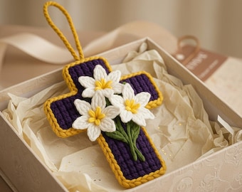 Breloque croix de voiture au crochet avec fleurs, souvenir religieux floral lavande, cadeau de foi pour les conducteurs, cadeau religieux unique
