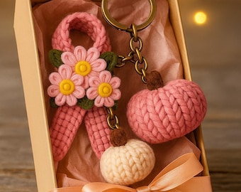 Breast Cancer Awareness Crochet Keychain, Pink Ribbon Flower Charm Survivor Gift Breast Cancer Month Awareness Handmade Crochet Gift