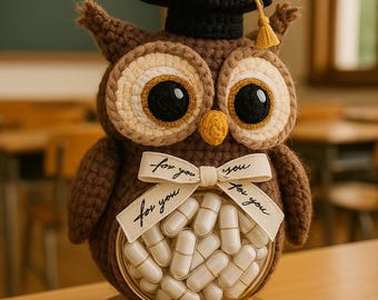 Afstudeercadeau voor leraar of professor, gehaakte uil met pet en bedankbriefjes, capsulepot cadeau, gepersonaliseerd onderwijzer waarderingscadeau