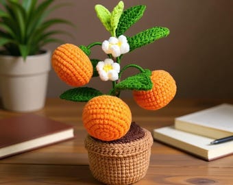 Drzewko owocowe w doniczce robione na szydełku, ręcznie robiona roślina amigurumi w kształcie cytryny, brzoskwini i pomarańczy, śliczna dekoracja biurka, miniaturowa roślina robiona na szydełku, prezent na Dzień Matki.