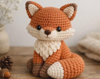 Ręcznie robiony na szydełku pluszowy lisek, miękki pluszowy lisek wykonany techniką amigurumi, słodka leśna zabawka dla dzieci, prezent dla niemowląt i małych dzieci.