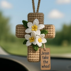 Crochet Cross Car Charm with Flowers – Jesus Rearview Mirror Hanging, Christian Boho Ornament, Faith Gift for Drivers Religious Gift