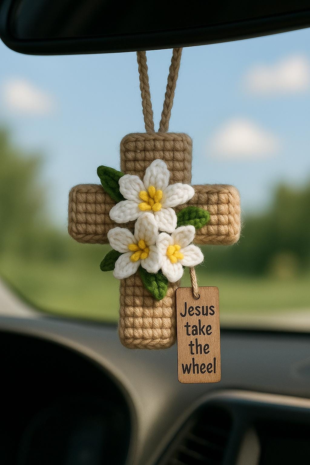 Crochet Cross Car Charm with Flowers – Jesus Rearview Mirror Hanging, Christian Boho Ornament, Faith Gift for Drivers Religious Gift