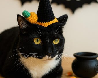 Szydełkowy kapelusz czarownicy z dynią – ręcznie robiony kostium na Halloween dla zwierzaka, rekwizyt do zdjęć, kostium na Halloween dla zwierzaka, prezent dla miłośników zwierząt