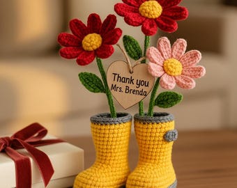 Personalized Crochet Flowers In Boots Thank You Gift For Teacher Handmade Amigurumi Arrangement Custom Wooden Tag Desk Decor
