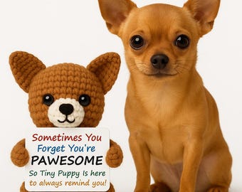 Spersonalizowany szydełkowy pluszowy piesek wspierający emocjonalnie, spersonalizowany szczeniak amigurumi z motywującym znakiem, ręcznie robiony prezent pocieszenia