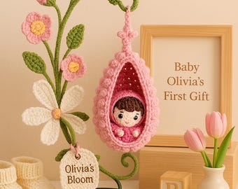 Cadeau gehaakte wieg bloem, eerste verjaardag babymeisje, handgemaakt decor kinderkamer, gepersonaliseerde feeënaandenken