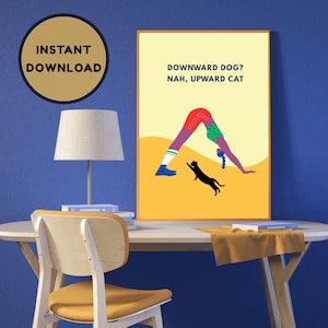 Descarga de arte mural de yoga digital, postura minimalista moderna del perro boca abajo con ilustración de gato negro en colores vibrantes y atrevidos, decoración imprimible para el hogar.