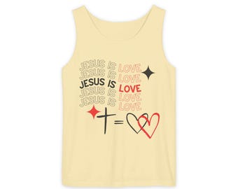 May include: A yellow tank top with the text "JESUS IS LOVE" repeated multiple times in a stacked pattern. The text is in black with red accents. A red cross with a black outline and two red hearts with black outlines are at the bottom of the design.
