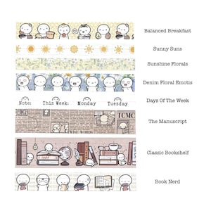 May include: A collection of decorative washi tapes featuring various designs. The tapes include illustrations of food, suns, flowers, and smiling faces. Text labels include "Balanced Breakfast," "Sunny Suns," and "Sunshine Florals."