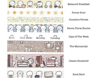 Puede incluir: Una colección de cintas adhesivas decorativas con varios diseños. Las cintas incluyen ilustraciones de comida, soles, flores y caras sonrientes. Las etiquetas de texto incluyen "Balanced Breakfast", "Sunny Suns" y "Sunshine Florals".