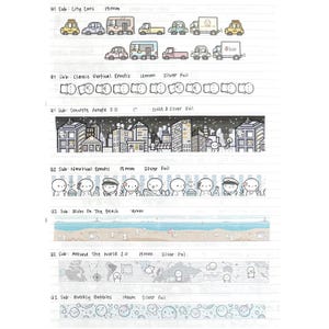 Puede incluir: Cintas washi decorativas con diseños ilustrados. Temas: coches de ciudad, emoticonos verticales, paisaje urbano, personajes náuticos, escenas de playa, mapa del mundo y burbujas. Cada cinta tiene un ancho de 10mm a 18mm.