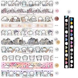 May include: A collection of decorative washi tapes featuring various themes. Designs include hospital heroes, neighborhoods, reading, potato party, and more. Each tape is 15mm wide, with some at 10mm or 2.54cm. Foil options include silver, pink, brown, gold, and holo.