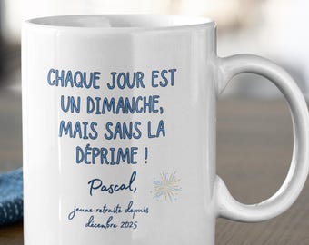 Personalized funny mug for young retirees - Retirement gift for colleagues, men and women - Customizable ceramic mug with first name and date