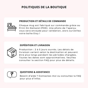 Pode incluir: Gr&aacute;fico com o t&iacute;tulo "POLITIQUES DE LA BOUTIQUE". Apresenta as pol&iacute;ticas da loja com se&ccedil;&otilde;es sobre produ&ccedil;&atilde;o, envio e assist&ecirc;ncia. Cada se&ccedil;&atilde;o &eacute; acompanhada por um &iacute;cone e texto explicativo.