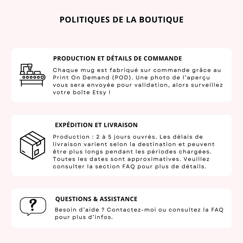 Pode incluir: Gr&aacute;fico com o t&iacute;tulo "POLITIQUES DE LA BOUTIQUE". Apresenta as pol&iacute;ticas da loja com se&ccedil;&otilde;es sobre produ&ccedil;&atilde;o, envio e assist&ecirc;ncia. Cada se&ccedil;&atilde;o &eacute; acompanhada por um &iacute;cone e texto explicativo.