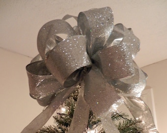Large Silver Glitter  Christmas Tree topper bow 6 ft tails