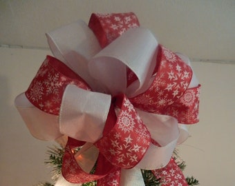 Large Christmas Tree topper bow Red Ribbon with White Snowflakes and shimmer white ribbon