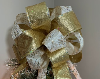 Large Christmas Tree Topper Bow Ivory ribbon with Champagne gold and white snowflakes and  a  Champagne gold glitter ribbon