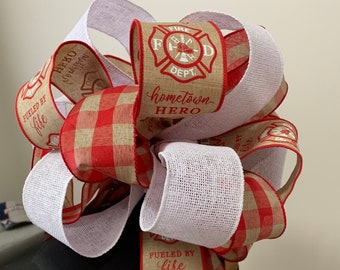 Mailbox bow Sm. tree topper Firefighters Bow natural burlap printed with “Hometown Hero”  Fire Dept. logo