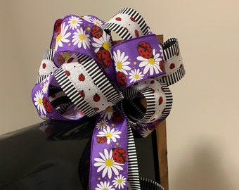 Spring Mailbox Bow, purple burlap with Shasta daisies and red ladybugs and coordinating white burlap ribbon with ladybugs