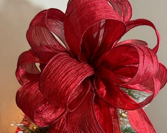 Large red  shimmer crinkle ribbon Christmas Tree topper bow 6 ft tails