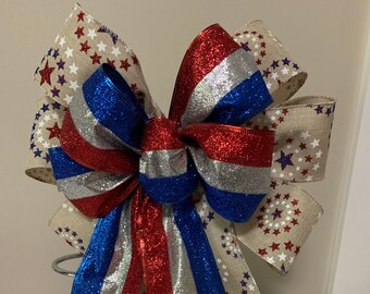 4 th of July/ Independence Day wreath bow Red, White and Blue  glittered ribbon on a natural burlap with glitter stars Patriotic  bow