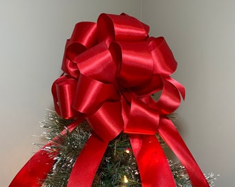 large  Red satin Christmas tree topper bow 6 ft. tails